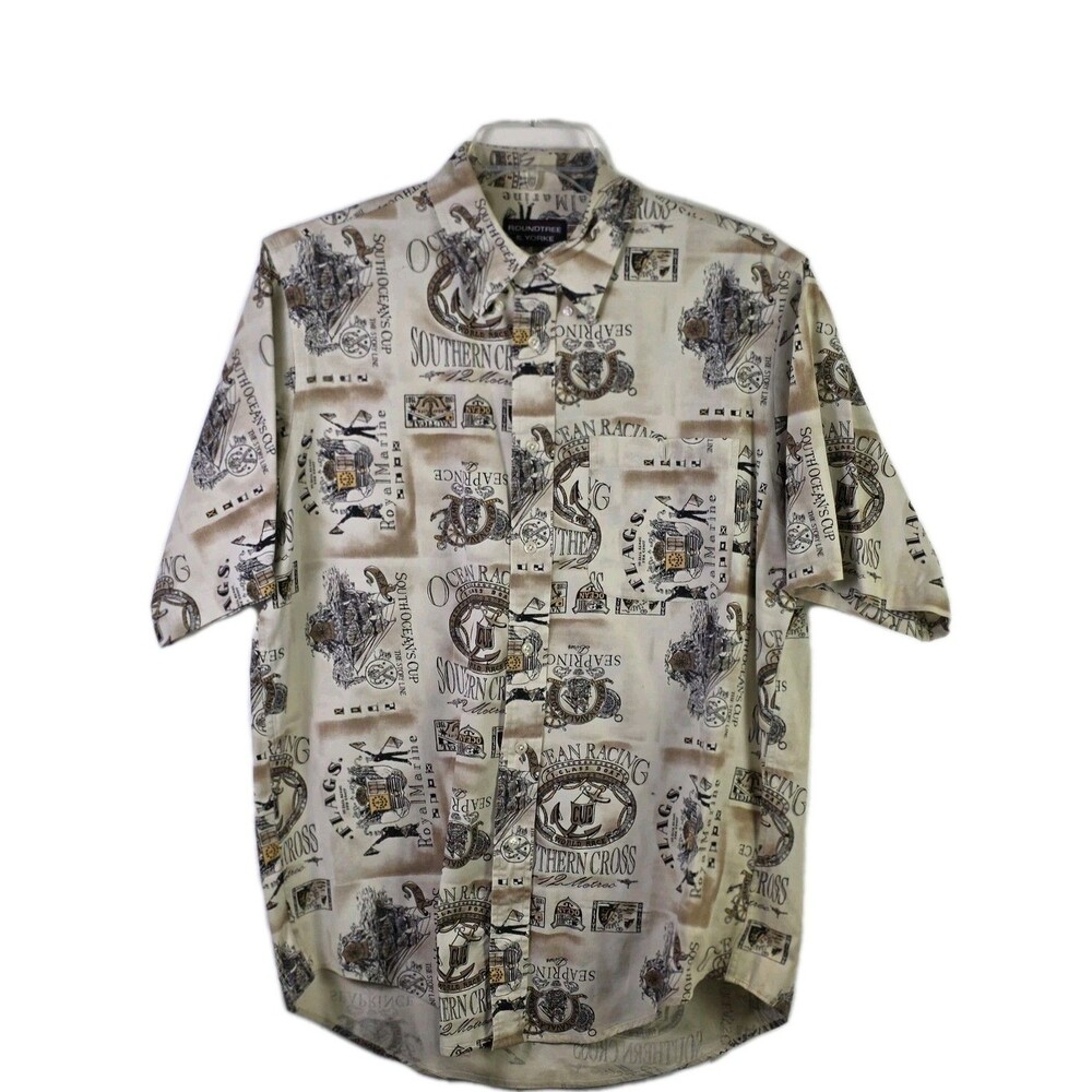 Vtg Roundtree & York Men's Medium Nautical Ocean Short Sleeve Button Down Shirt